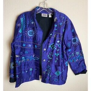 Chico's Vintage Womens Silk Jacket Blue Size 2 Embroidered Long Sleeve Collared